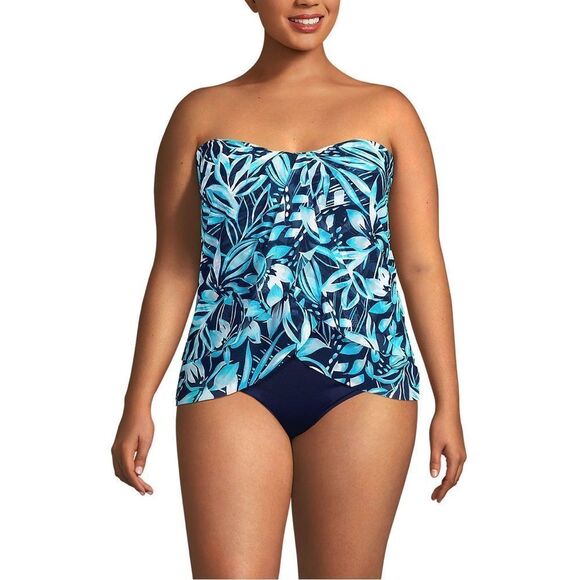 Land's End 1 Piece Bandeau high leg mesh Fauxkini Navy Graphic Floral Print Var - Picture 2 of 11